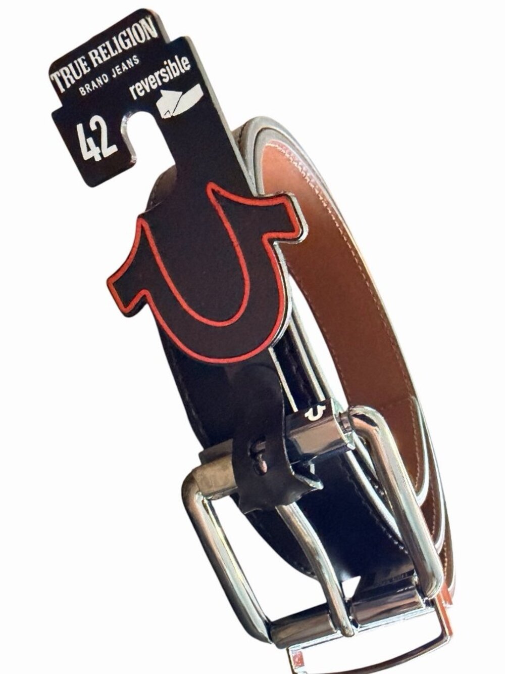 MENS TRUE RELIGION HORSESHOE BUCKLE REVERSIBLE BLACK TAN BROWN BELT 42”/ 1.5”W